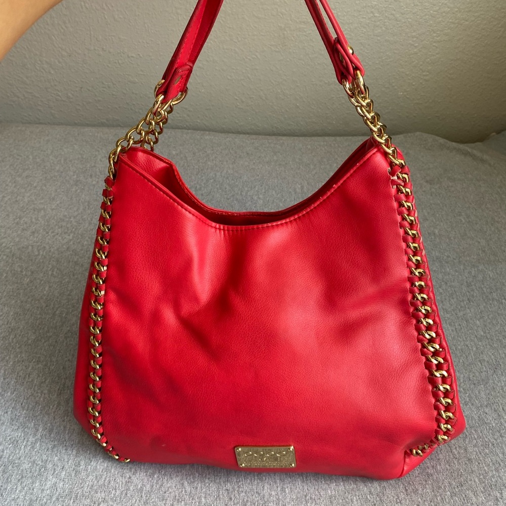 BEBE Colette Triple Entry Red  Hobo Shoulder Bag Gold Chain Hardware Accent